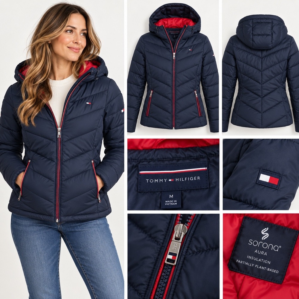 Tommy Hilfiger Puffer Jacket Women's M Navy Red Sorona Quilted Hooded